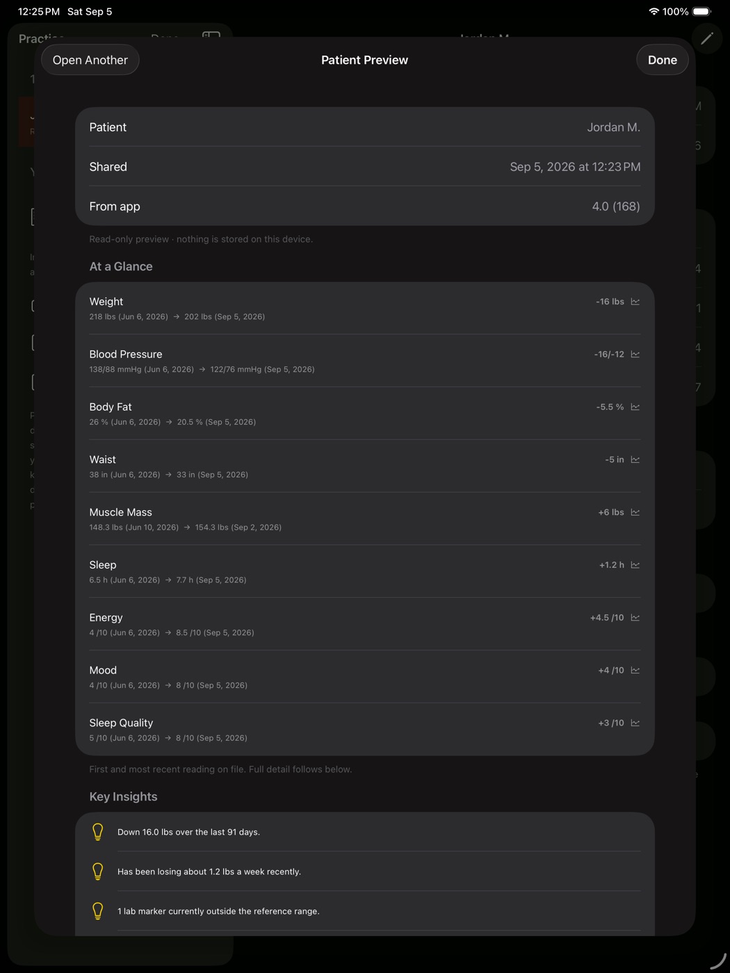 A patient's shared record open on iPad, showing At a Glance deltas