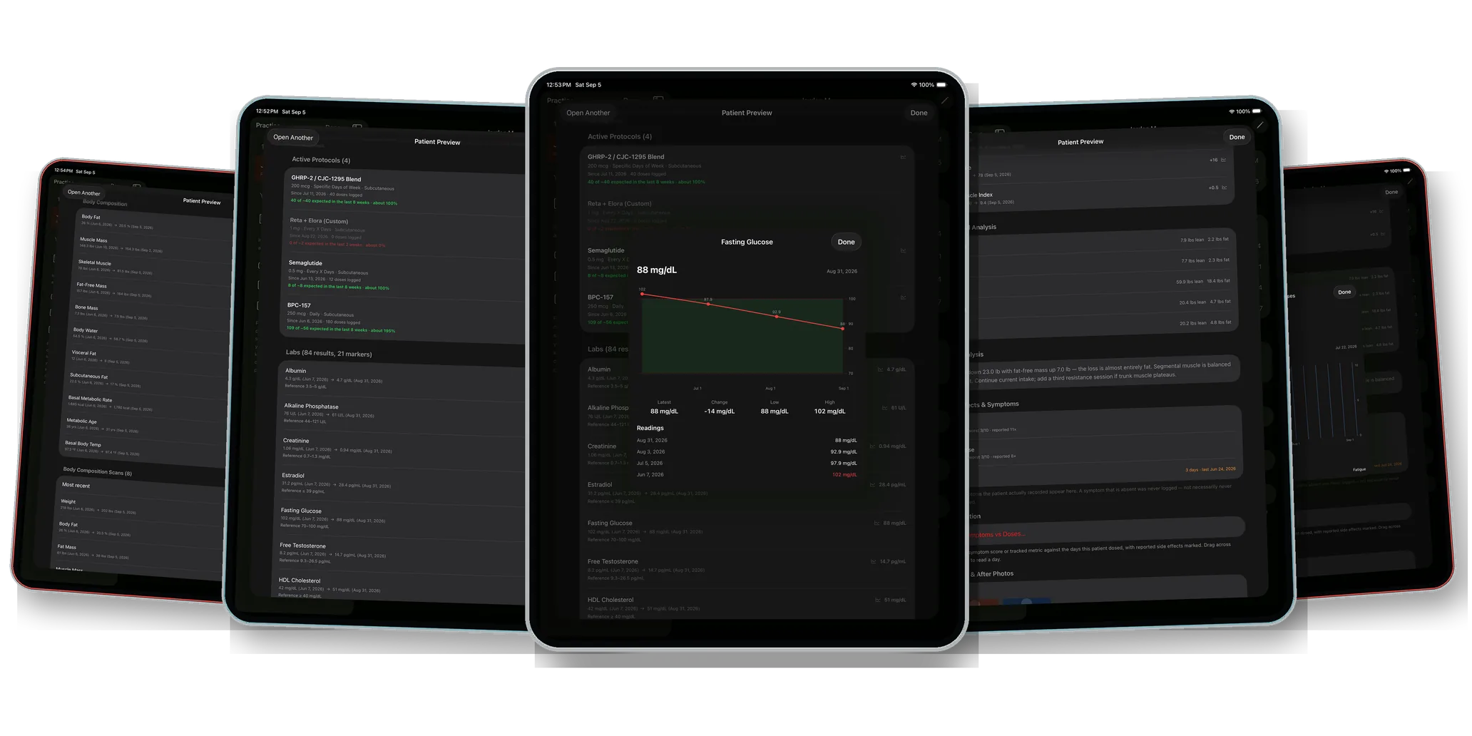 The BioHack Track provider view on five iPads: a patient's protocols, lab panel, body composition and a fasting-glucose chart