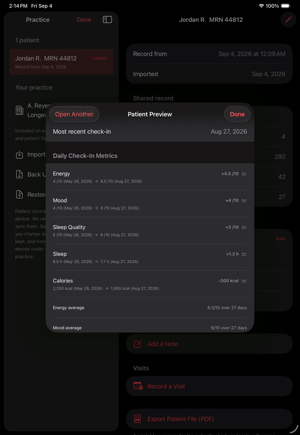 Daily check-in metrics: energy, mood, sleep quality, sleep and calories