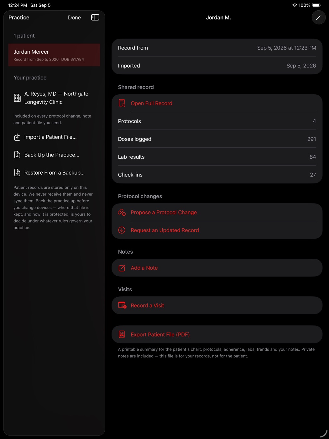 The practice roster on iPad beside a patient's record summary: four protocols, 291 logged doses, 84 lab results, 27 check-ins