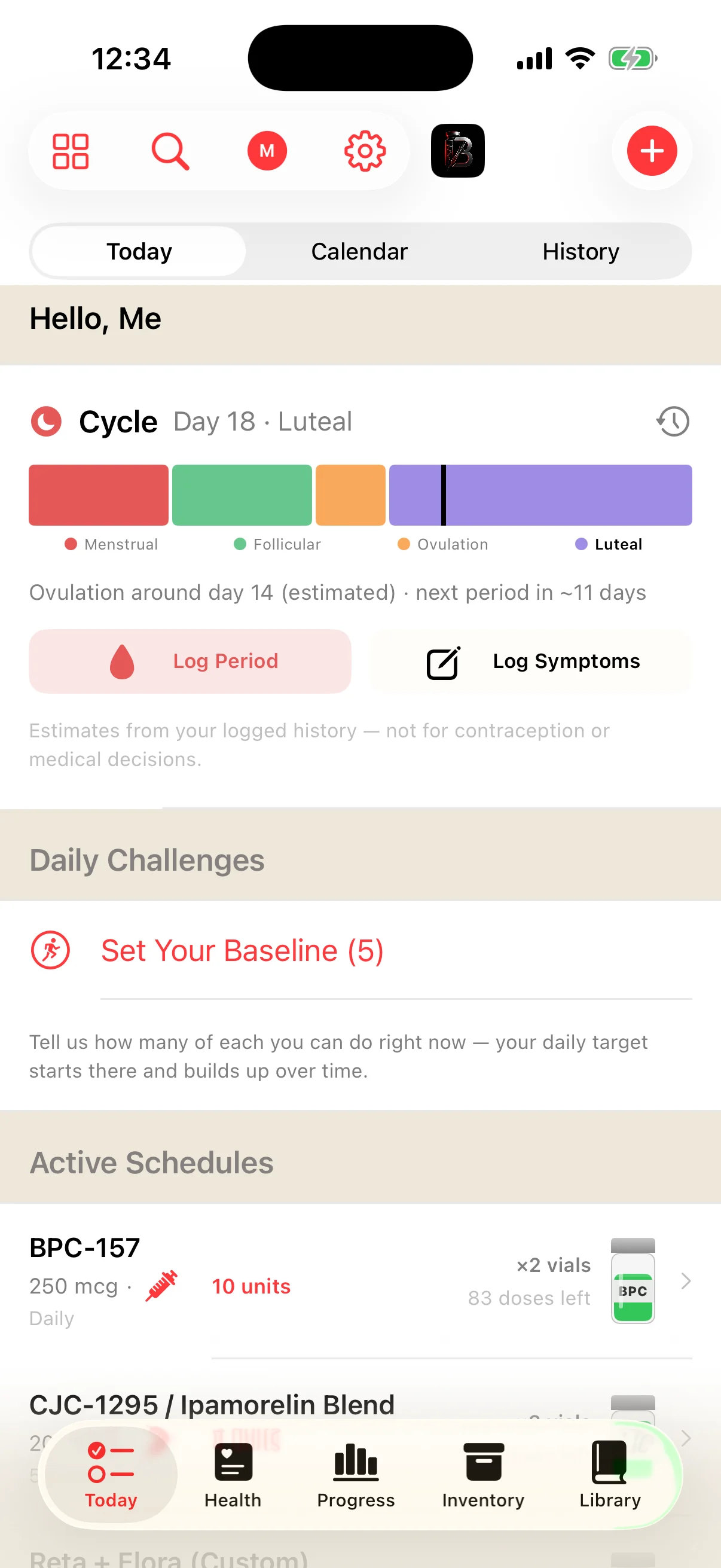 Cycle tracking on the Today tab — current phase, the four-phase bar with today marked, estimated ovulation and predicted next period
