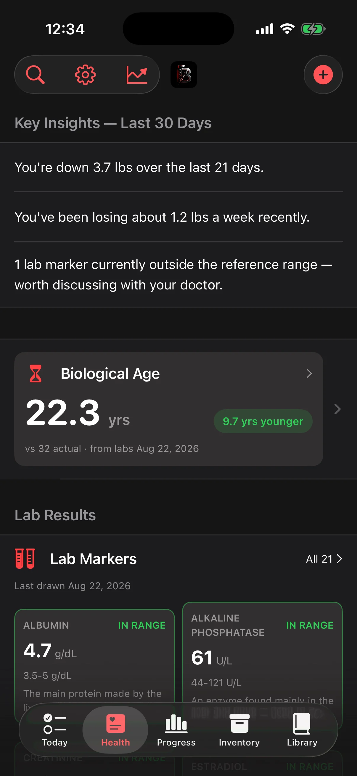 BioHack Track Health tab showing lab markers and body metrics