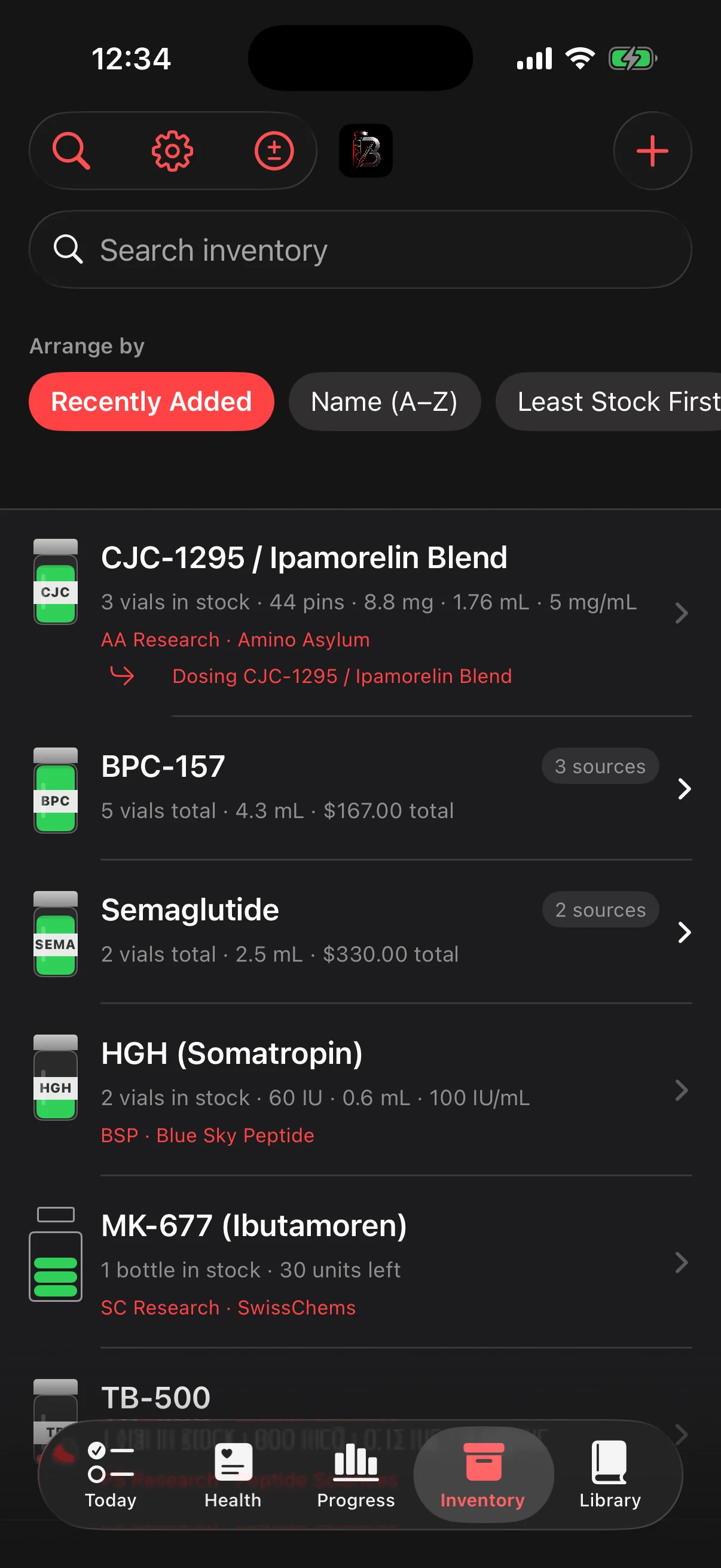 BioHack Track Inventory showing vials with remaining doses