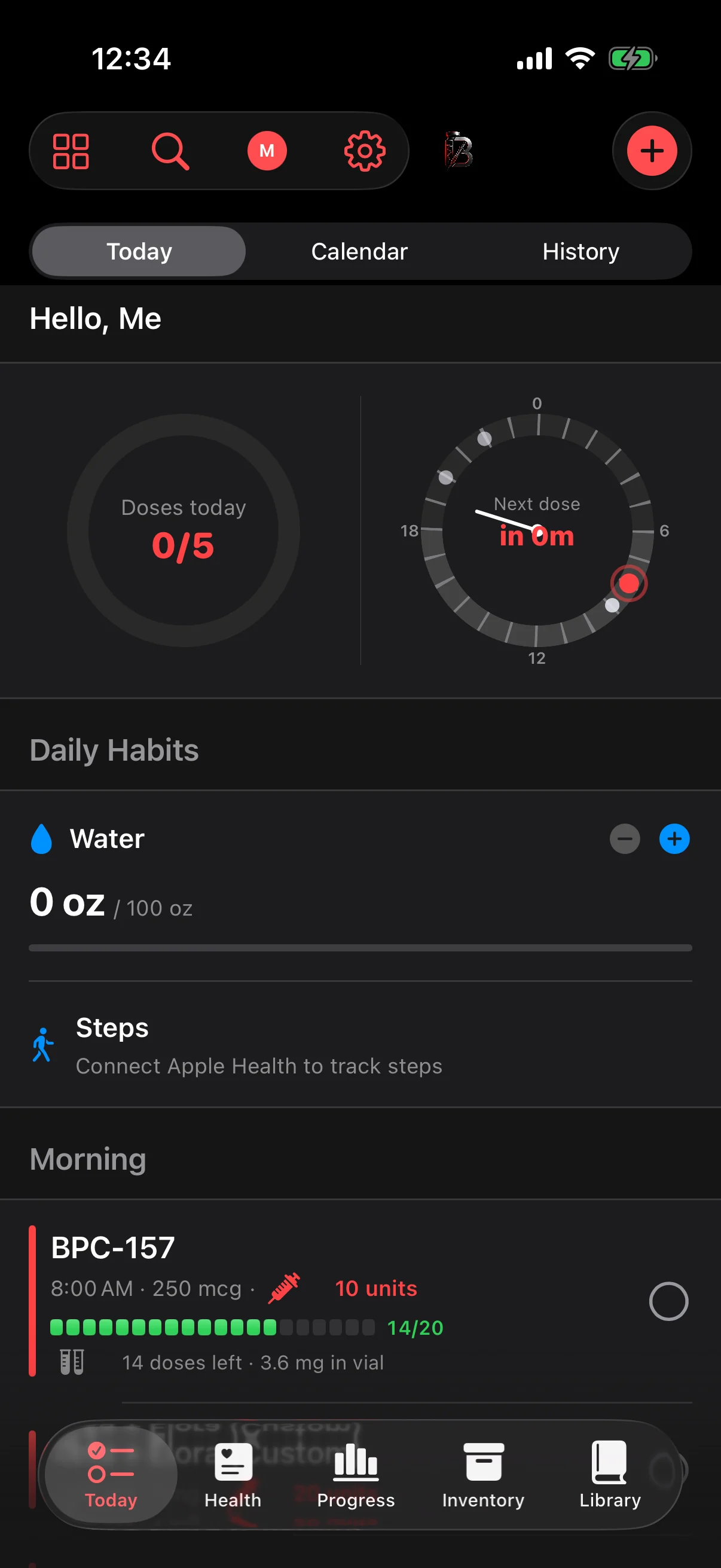 BioHack Track Today tab showing doses due and the Daily Habits card